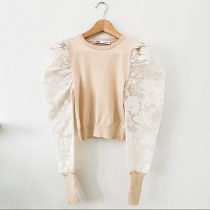 ZARA Beige Top with Lace Sleeves